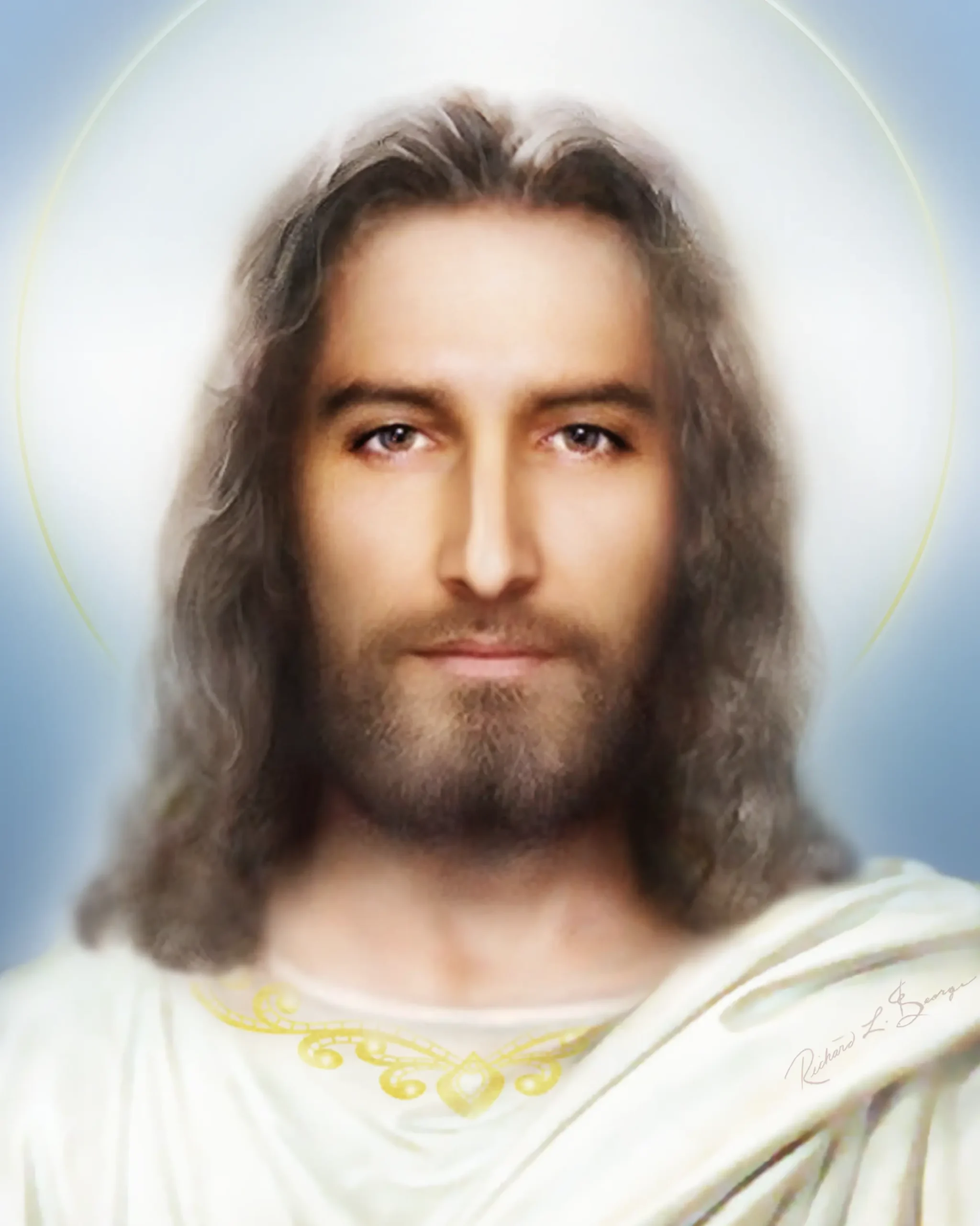 This is a Sacred art print of The Holy Face of Jesus Christ by religious artist Richard L George