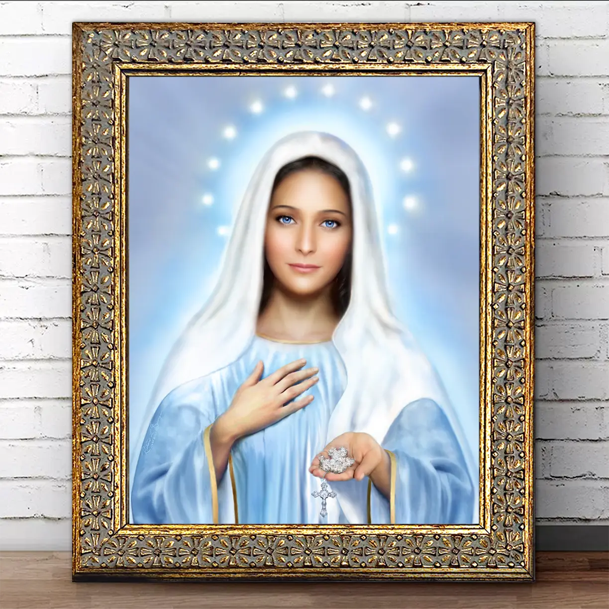 This is an image of Our Lady of Medjugorje Print in a Gold Crux