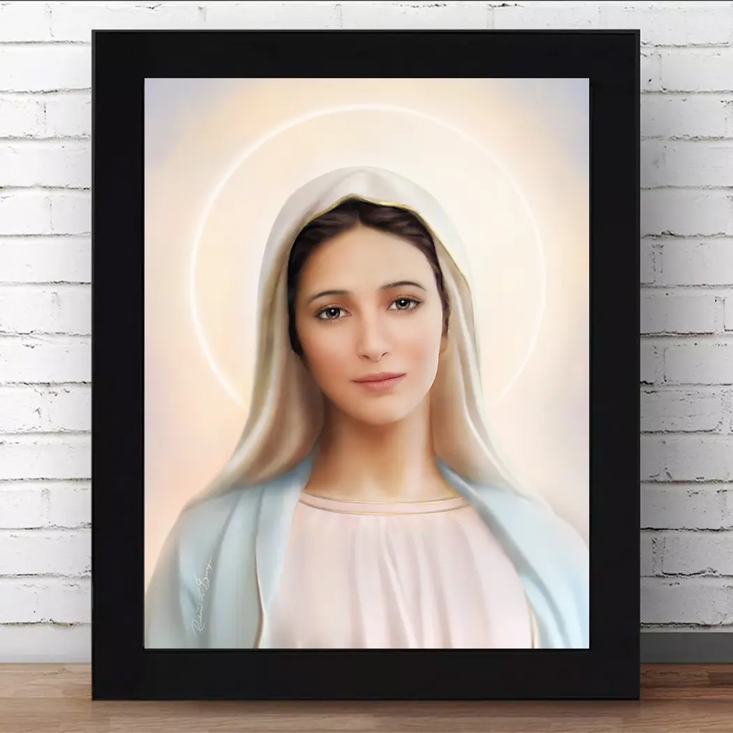Image Our Lady of Meddjugorje Tihaljina with Brown Eyes in a Black Frame.