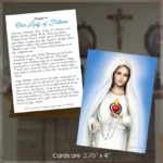 Prayer Card with the image of Our Lady of Fatima by religious artist Richard L. George shown together with the prayer to Our Lady of Fatima on the back of the card.