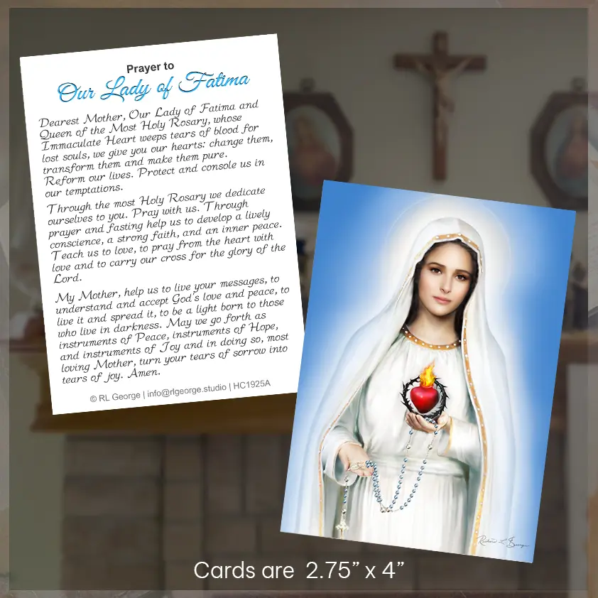 Prayer Card with the image of Our Lady of Fatima by religious artist Richard L. George shown together with the prayer to Our Lady of Fatima on the back of the card.