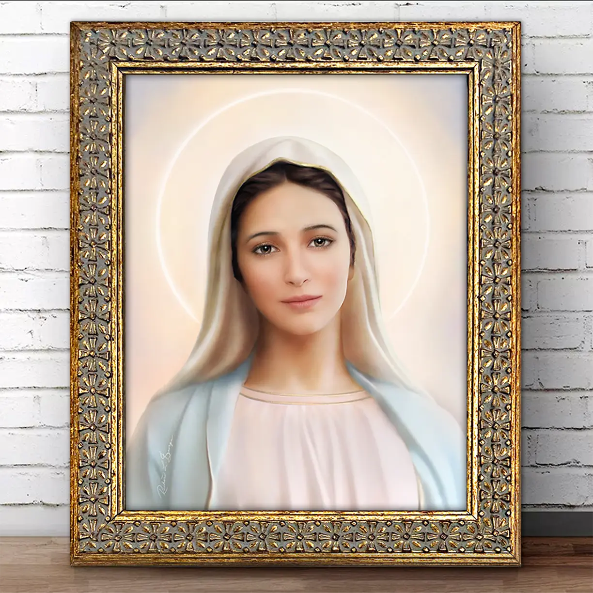 Gold Framed fine art print of Our Blessed Mother Medjugorje Tihaljina by religious artist Richard L. George.