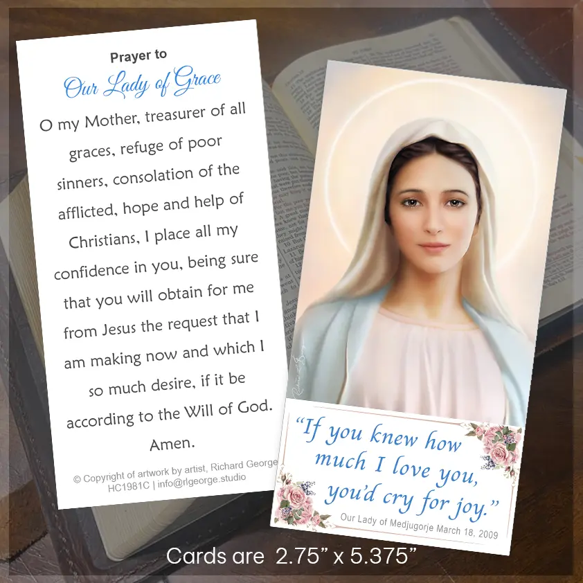 Bookmark Prayer card with the printed image of Our Lady of Medjugorje Tihaljina by religious artist Richard L. George and prayer to Our Lady of Grace on the back.