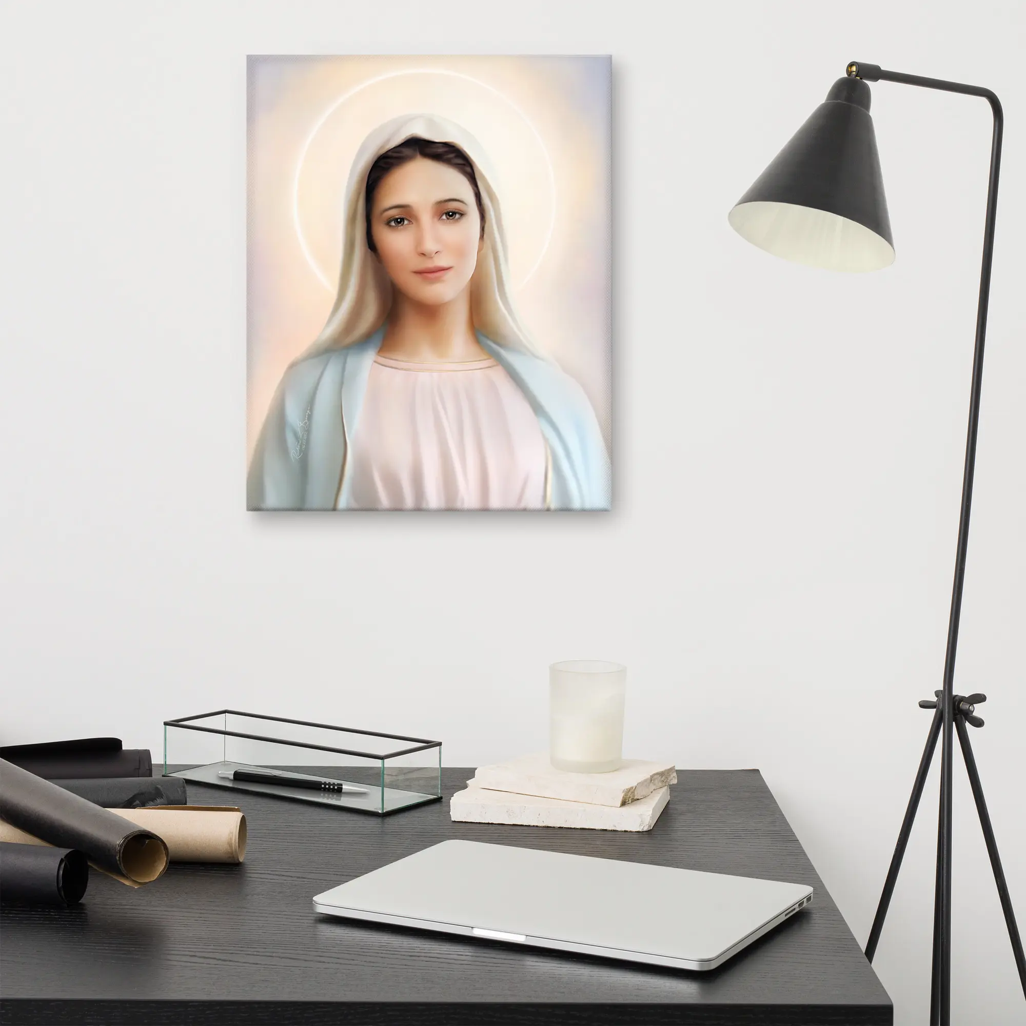 Fine art canvas print of Our Lady of Medjugorje Tihaljina with brown eyes by religious artist Richard L. George displayed here as a wall hanging.