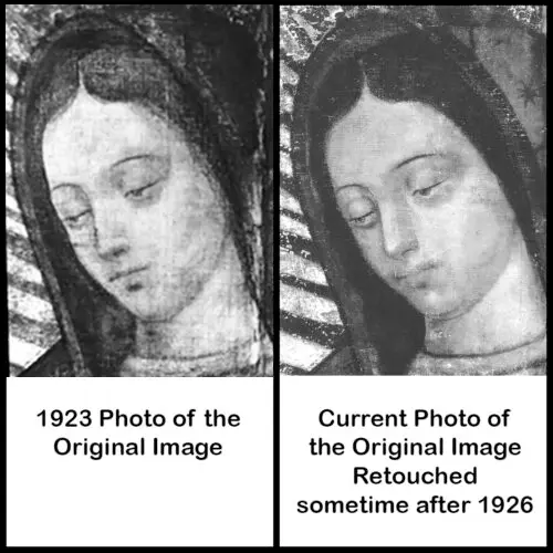 This image is a comparison of two bw photos, one from 1923 A.D. and one from 1926 A.D., illustrating changes in the look of Our-Lady-of-Guadalupe's face after the 1926 restoration of the image on the Tilma.